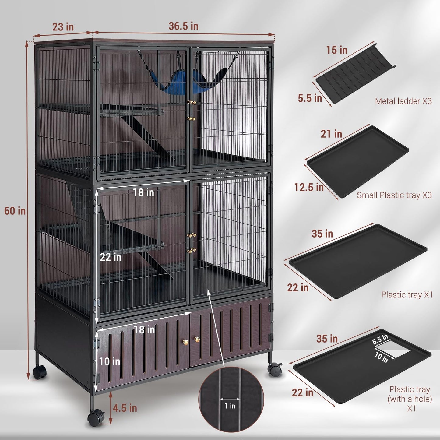 60" Large Ferret Cage, Multi-Level Small Animal Mansion with 4 Wheels, 3 Metal Ramps & Hammock for Chinchillas, Rabbits, Guinea Pigs, Includes PP Trays & Storage Cabinet