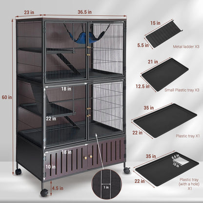 60" Large Ferret Cage, Multi-Level Small Animal Mansion with 4 Wheels, 3 Metal Ramps & Hammock for Chinchillas, Rabbits, Guinea Pigs, Includes PP Trays & Storage Cabinet
