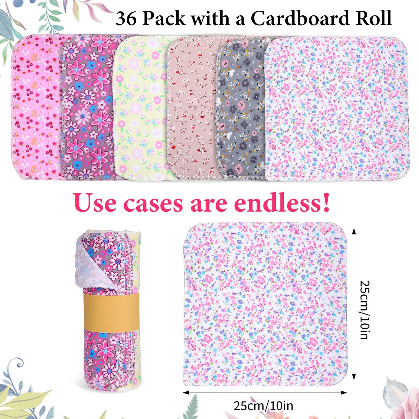 36pcs Reusable Paper Towels Rolls Kitchen Towels Bulk Washable Paperless Cloth Cotton Hand Napkins Reusable Napkins Flowers Cleaning Cloths Cotton Cloth for Kitchen Bathroom Christmas