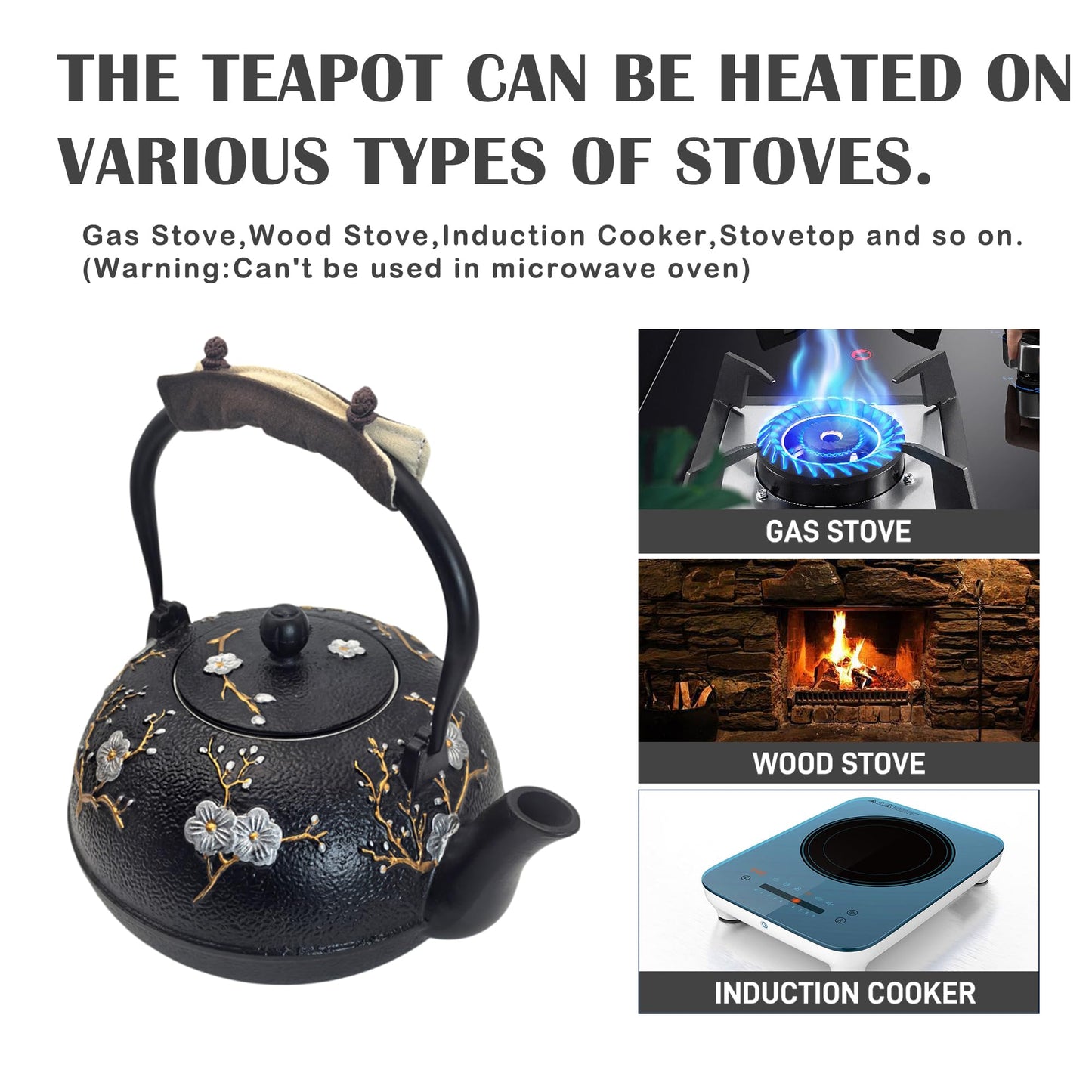 Cast Iron Teapot SECHUDO Teapot for Stovetop Safe Coated with Enameled Interior,Japanese Beautiful Tea Kettle with Stainless Steel Infuser for Loose Tea (60.9oz Plum Blossoms and Bird Pattern)