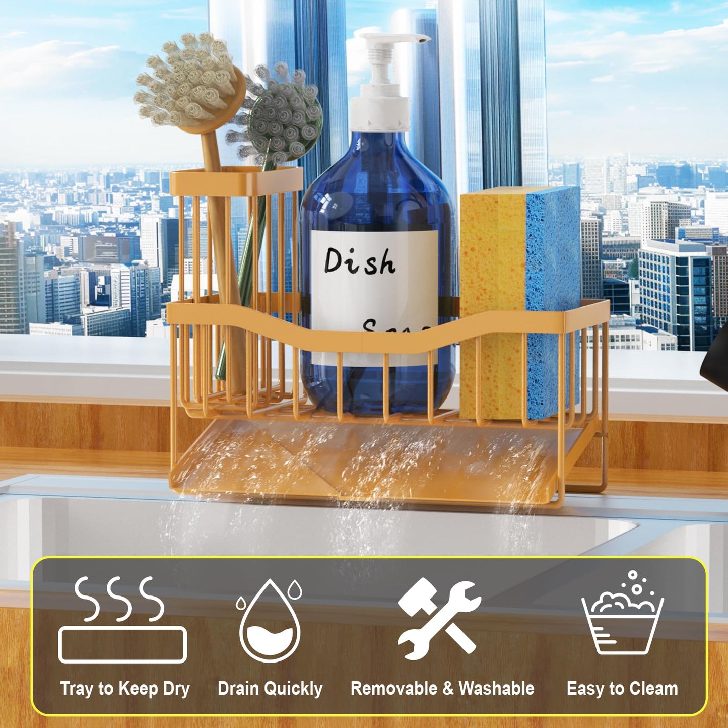 Fssvcd Maifan Sink Caddy Sponge Holder for Kitchen with Brush Holder and Stainless Steel Self Drain Tray, Rustproof Kitchen Sink Organizer for Sponge, Soap Dispenser Storage Accessories