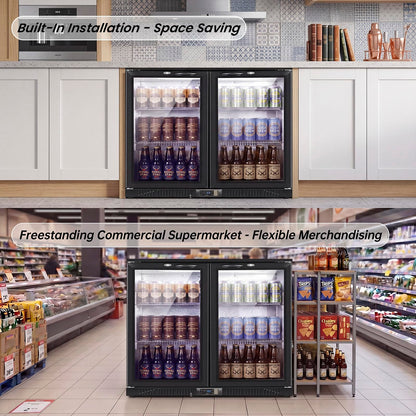 35.42" W Commercial Under Counter Beverage Refrigerator, 2 Glass Door Back Bar Cooler, Built-in/Freestanding 7.4Cuft Drink Fridge with LED Light, Auto Defrost, Low-E Glass & Safety Lock, Rebound door