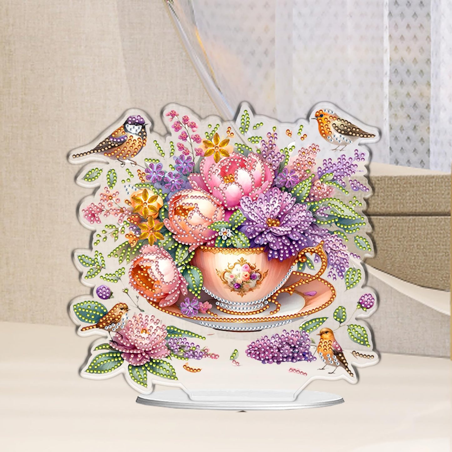 C'eitura 2D Flat Acrylic Diamond Art Painting Kit, Flower in Cup Special Shaped Diamond Art for Desk Decor, DIY Desktop Ornament for Adults & Beginners, Cute Home Office Decoration 24x22cm