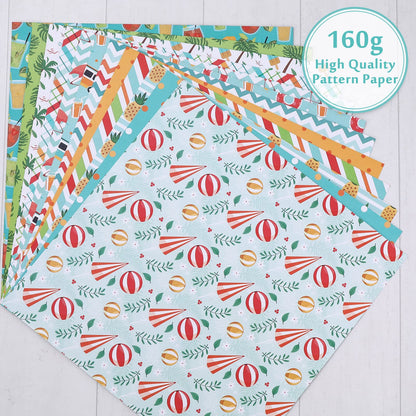 Whaline 24 Sheet Summer Pattern Paper Pack 12 Designs Holiday Scrapbook Specialty Paper Double-Sided Collection Decorative Craft Papers for Summer DIY Card Making Scrapbook Photo Album Decor