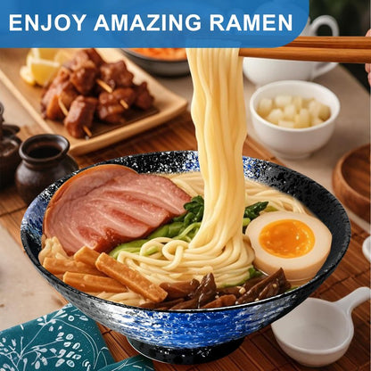 9.4Inch Ceramic Ramen Bowl Set of 4 (17 Piece) - Porcelain Japanese Salad Noodles Cereal Fruit Pasta Soup Large Bowls with Recipes Chopsticks Forks Spoons for Men Women Gift Microwave Dishwasher Safe