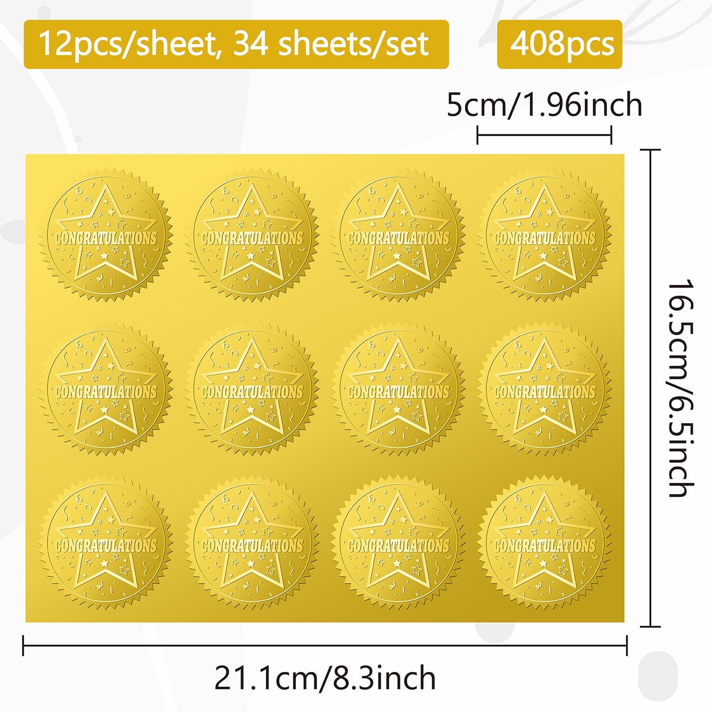 CRASPIRE 408Pcs Congratulations Gold Foil Embossed Stickers 2" Star Self Adhesive Envelopes Embossing Seals Round Labels for Wedding Invitation Corporation Graduation Certificates Diplomas Gift Award