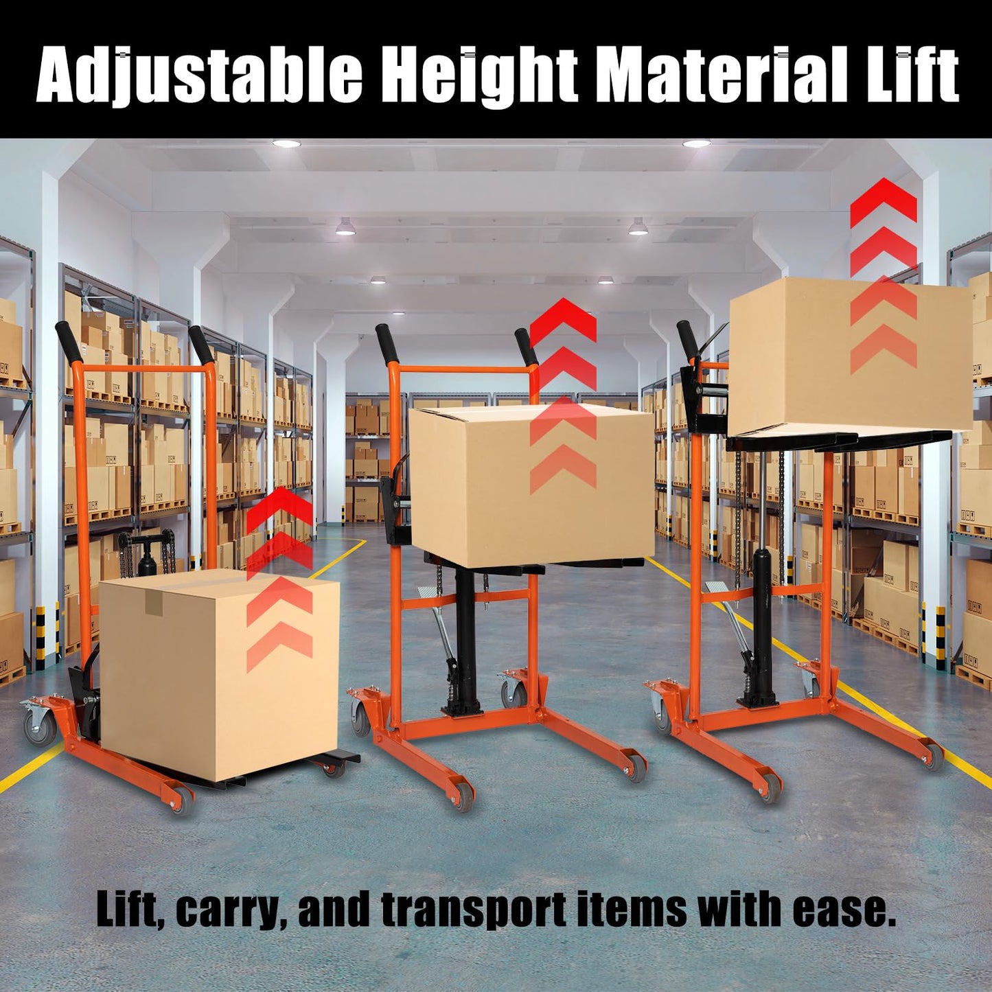 Reykilor Hydraulic Material Lift Winch Stacker w/Wheels, Foldable Forklift Pallet Stakcer, Heavy Duty Rolling Manual Lift Table, Adjustable Pallet Truck Carrier Dolly Fork Lift for Warehouse Garage