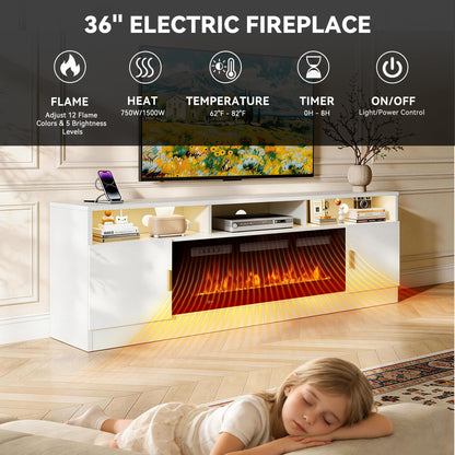 OneBlis 70" Fireplace TV Stand with Power Outlet, Electric Fireplace Entertainment Center with Storage Cabinets, Fits TVs up to 80", TV Console with LED Lights for Living Room, Office, White-Black