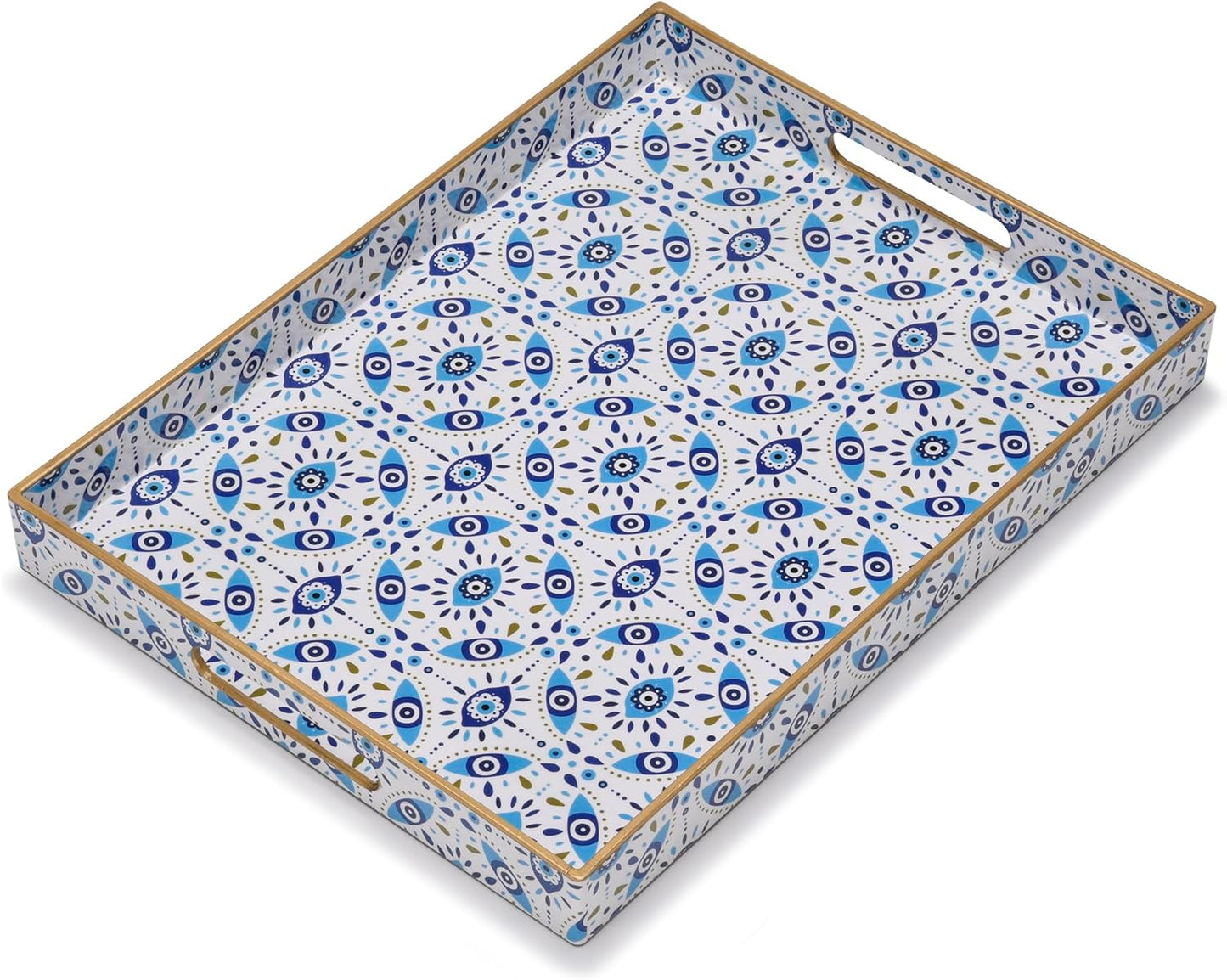 15.7" 11.8" 1.57" Evil Eye Rectangular Serving Tray with Handles Plastic Decorative Trays for Coffee Table for Ottoman