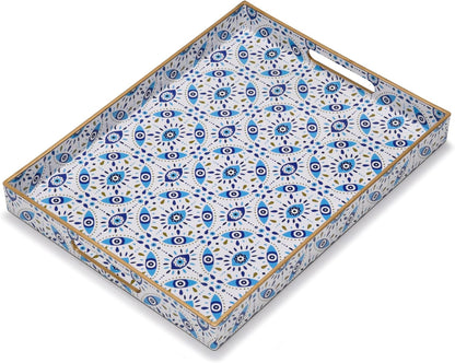 15.7" 11.8" 1.57" Evil Eye Rectangular Serving Tray with Handles Plastic Decorative Trays for Coffee Table for Ottoman