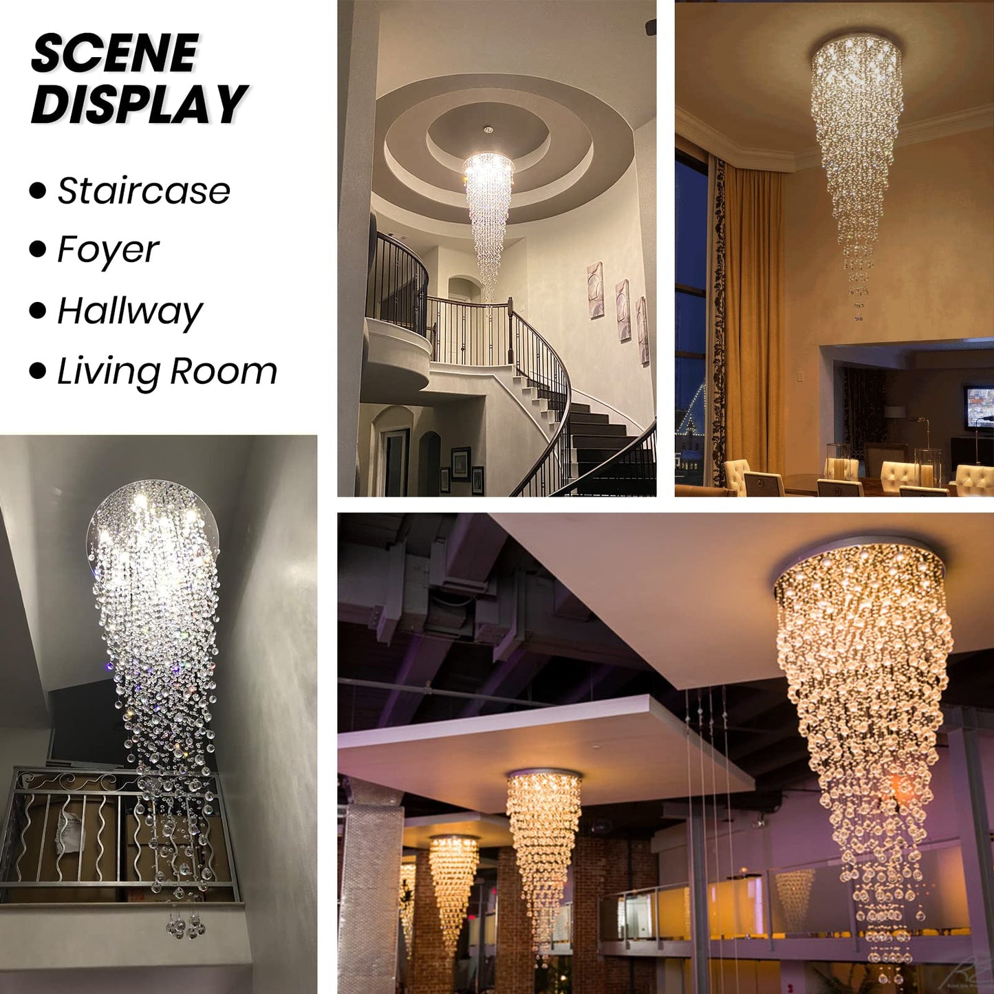 APBEAM Modern Large Crystal Chandelier for High Ceilings, Raindrop Round Large Foyer Chandelier, Luxury Flush Mount Ceiling Light Fixture for Stairse Entryway Living Room Dia 32" x H 96"-12 Lights