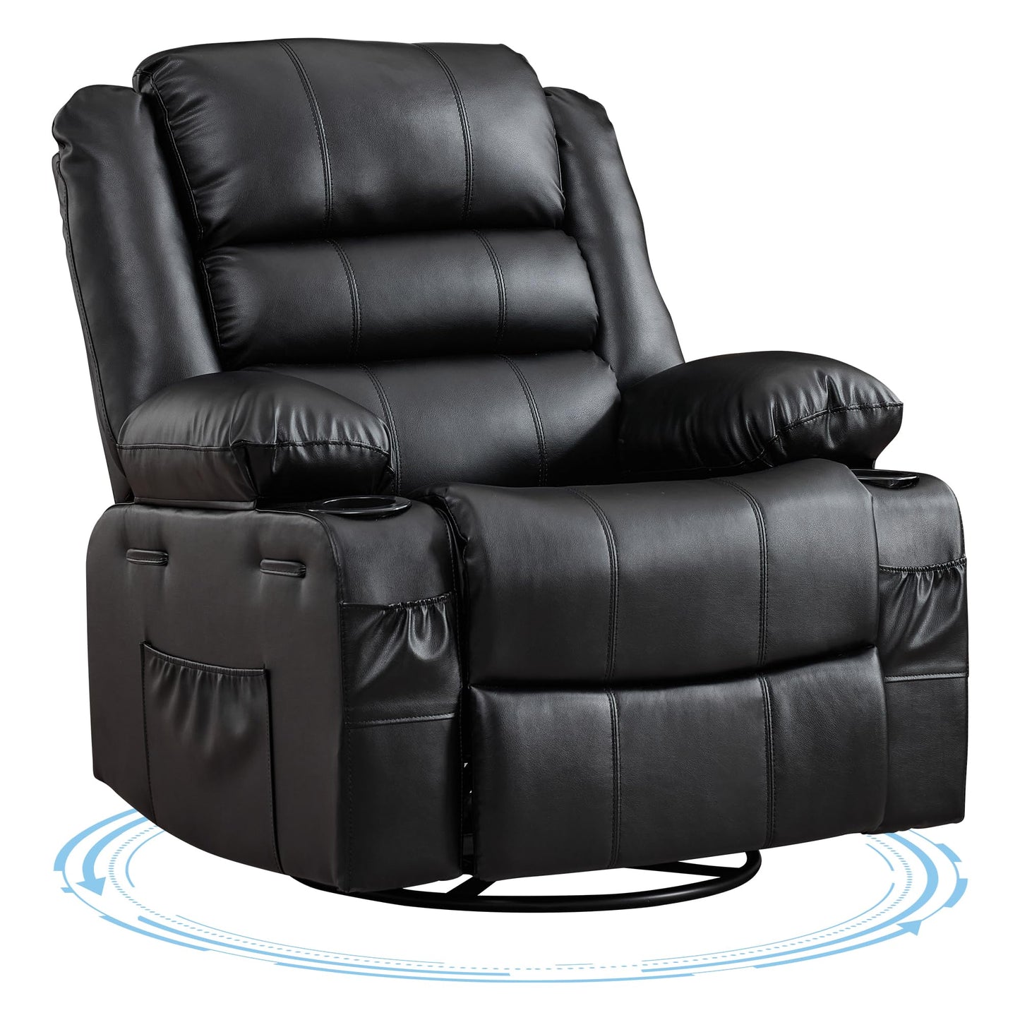 Rocking Recliner Chair for Adults Wide 360° Swivel Rocker Recliner with Cup Holder Nursery Glider with Upholstered Deep Seat PU Leather Comfy Single Sofa for Living Room Black