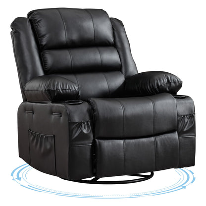 Rocking Recliner Chair for Adults Wide 360° Swivel Rocker Recliner with Cup Holder Nursery Glider with Upholstered Deep Seat PU Leather Comfy Single Sofa for Living Room Black