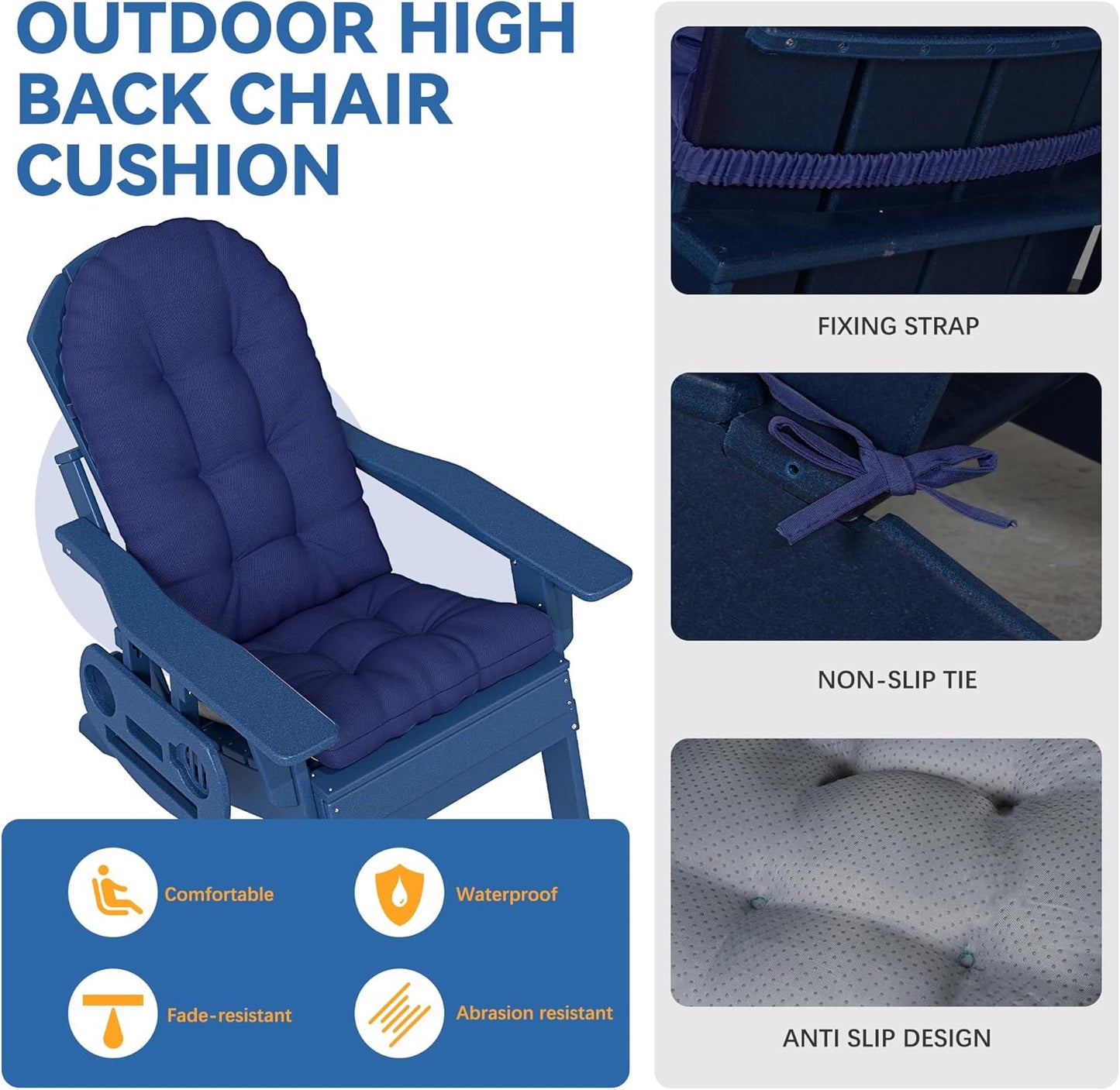Cushion,48.520.85.5 Inches,High FOOWIN Adirondack Chair Cushion, Thickened Rocking Chair Back Patio Cushions with Ties