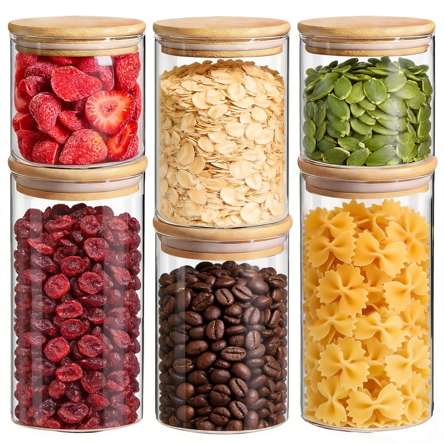 ComSaf Glass Storage Containers with Lids (0.6qt/1qt/1.5qt) Set of 6,Glass Pantry Storage Containers with Airtight Lid & lables for Dry Food, Snacks, Nuts, Stackable for Kitchen, Pantry Organization