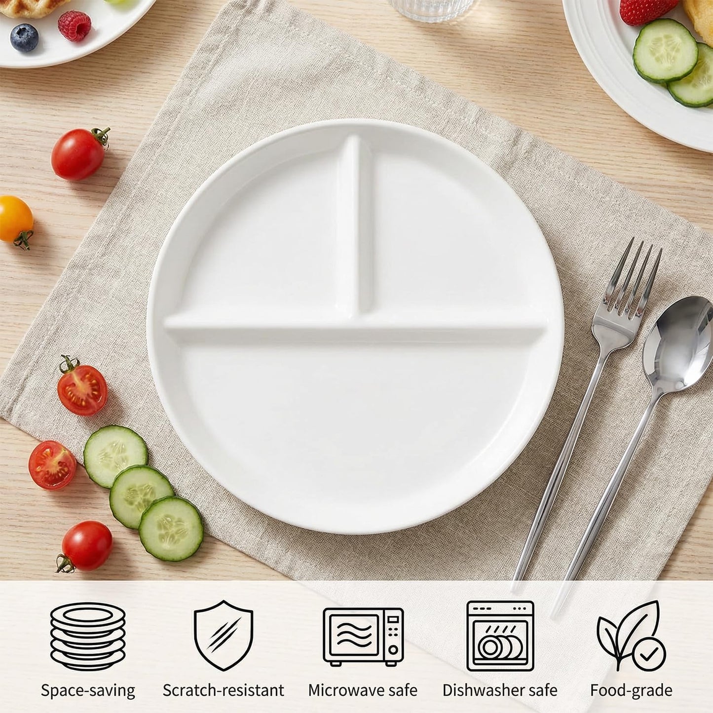 Enjamyo 2 Pcs Ceramic Portion Control Plate, 9 Inch Divided Plate, 3-Compartment Portion Plate, White Dinner Plates for Adults Weight Loss Healthy Eating Bariatric