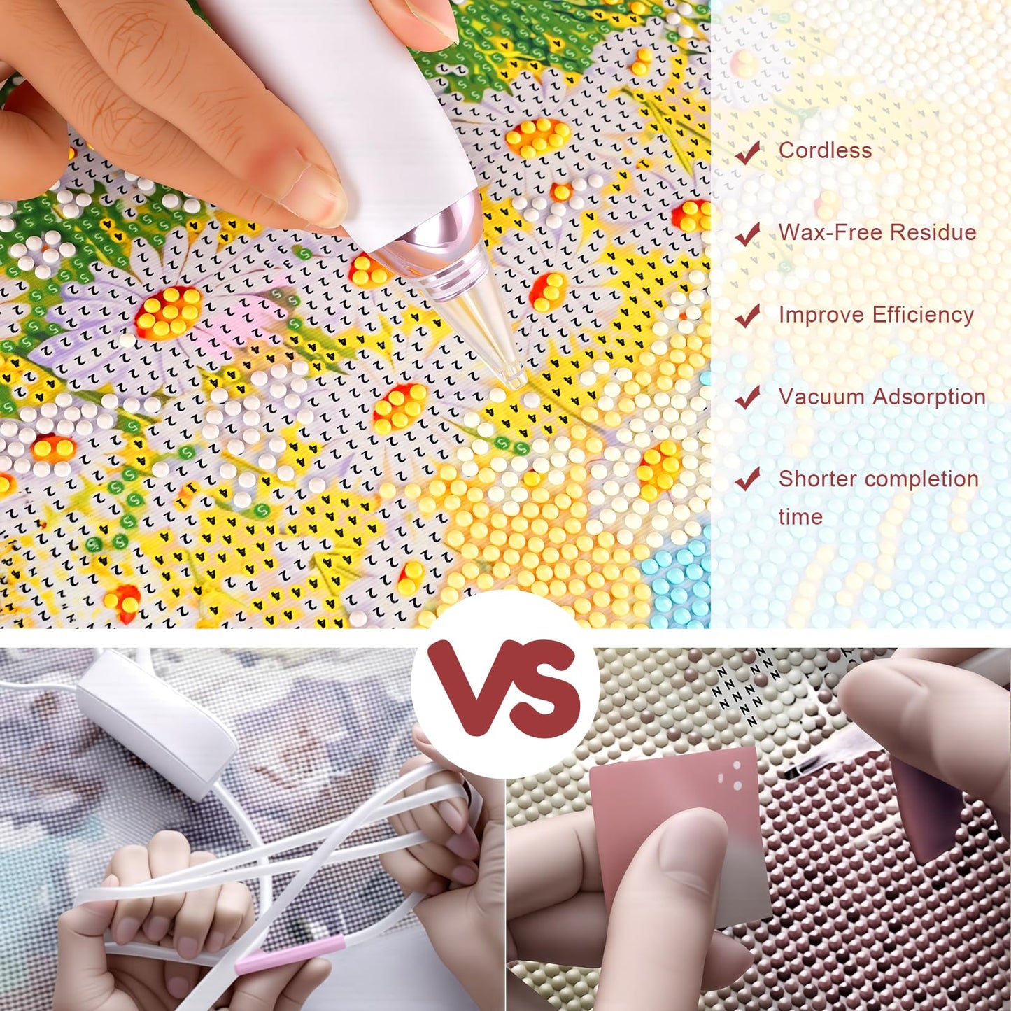 Electric Diamond Painting Art Pen, Vacuum Diamond Art Pen with 2 Replaceable Tips, Ergonomic Design, No Wax Needed Diamond Painting Tools with Adjustable Suction Mode