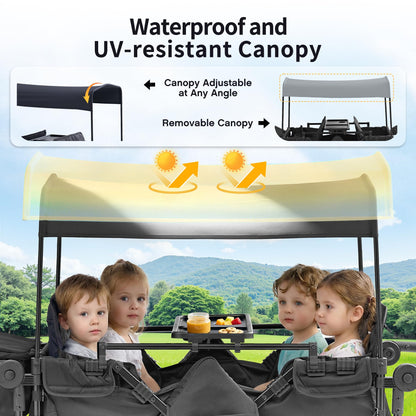 Stroller Wagon for 4 Kids, 4 Seater Wagon Stroller with Convertible Seats Footrests, Snack Tray, Storage Bag, Removable Canopy, Wagon Stroller 4 Seater with Double Push Handle (Black-Convertible)