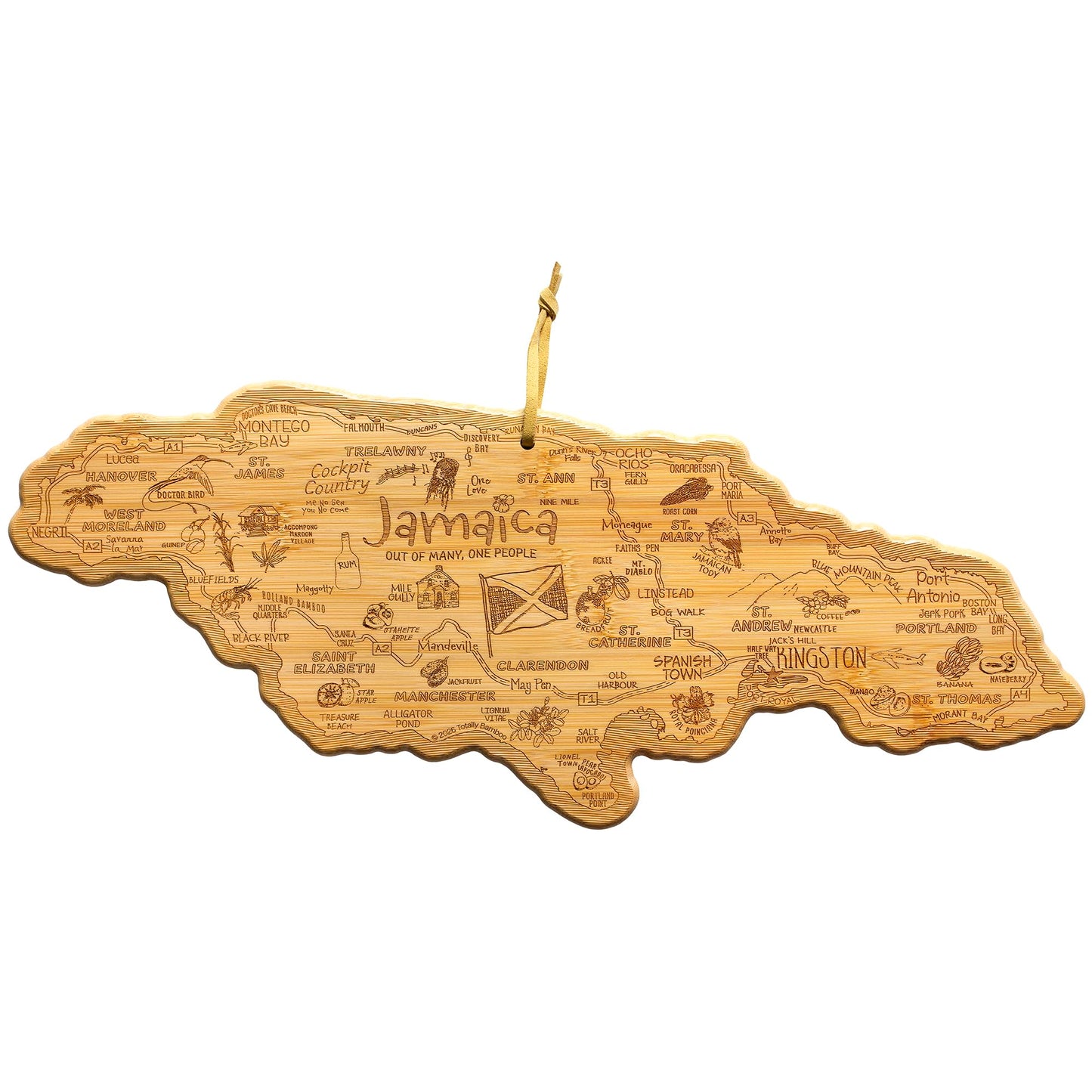 Totally Bamboo Destination Jamaica Shaped Cutting Board Bamboo Charcuterie and Serving Board with Hang Tie for Wall Display