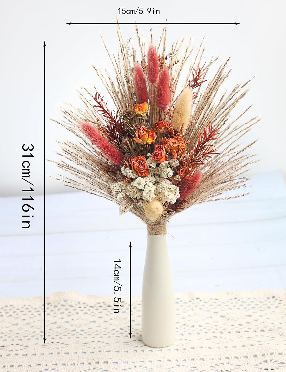 Natural Dried Flowers Bouquet with Vase, Dried Pampas Grass for Boho Home Decor, Wedding, Baby Shower, Farmhouse