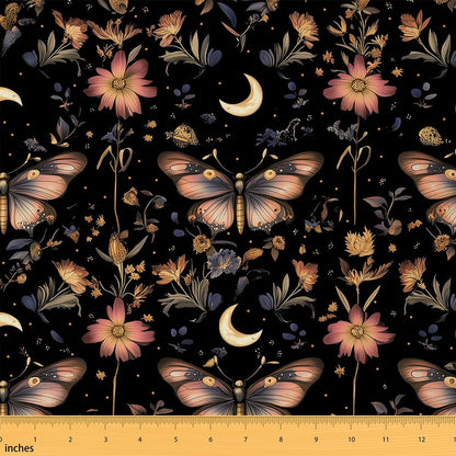 Boho Moon Moth Fabric by The Yard Butterfly Starry No Stretch Sewing Fabric Flower Weed Botanical DIY Soft Flannel Polyester Fabrics for and Home Accents Crafting Supplies Fabrics 2 Yard Bolt 72"x59"