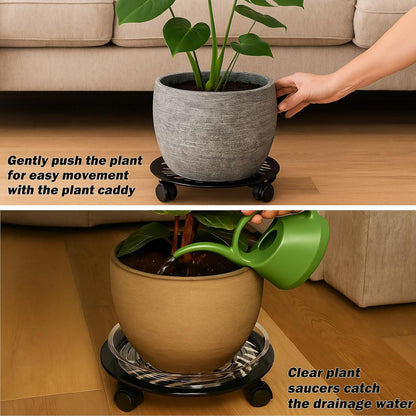 2 Packs 12" Large Metal Plant Caddy with PU Wheels Heavy-Duty Wrought Iron Rolling Plant Stands Indoor Outdoor Wheeled