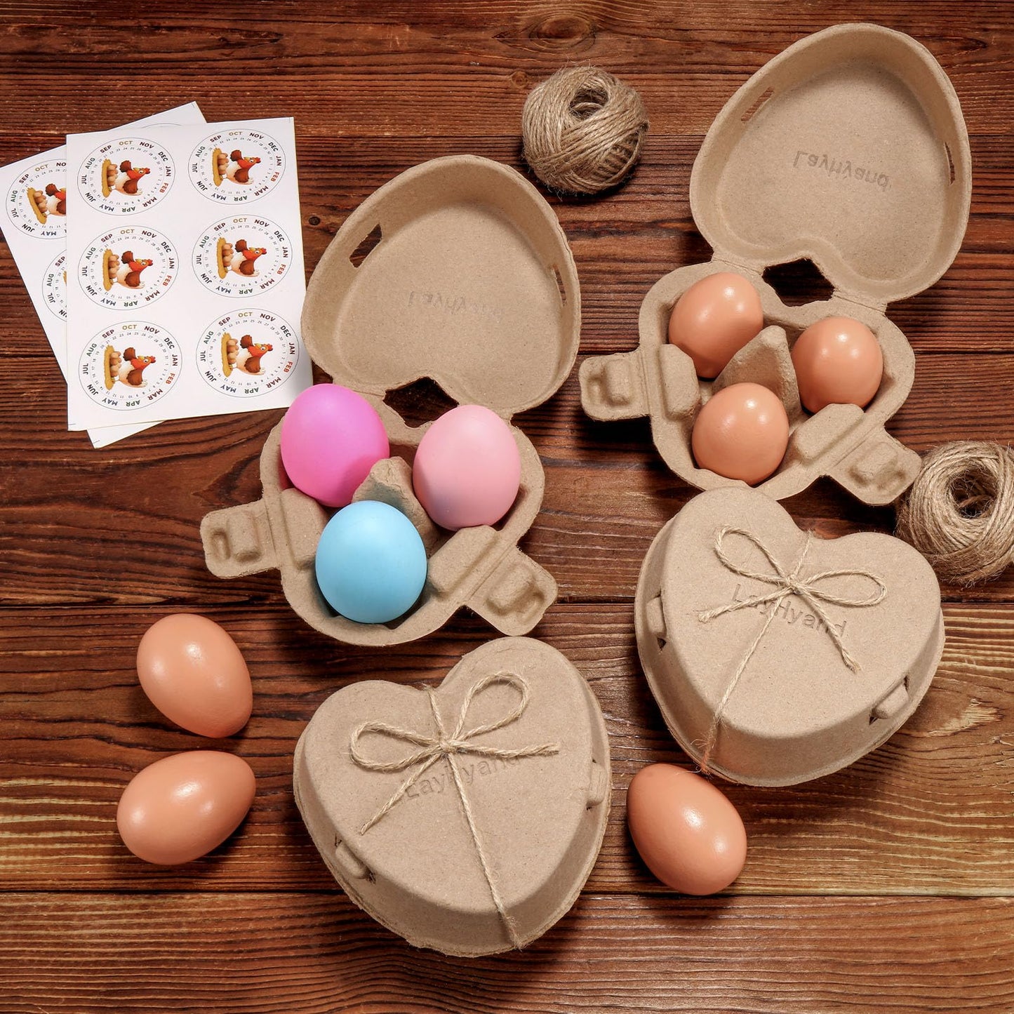 30 PCS Valentine Heart Shaped Egg Cartons with Labels, Easter Pulp Paper Egg Cartons 3 Count with Jute Rope, Cute Egg Basket Storage Container Holder, Lover Gift Chicken Eggs Crate