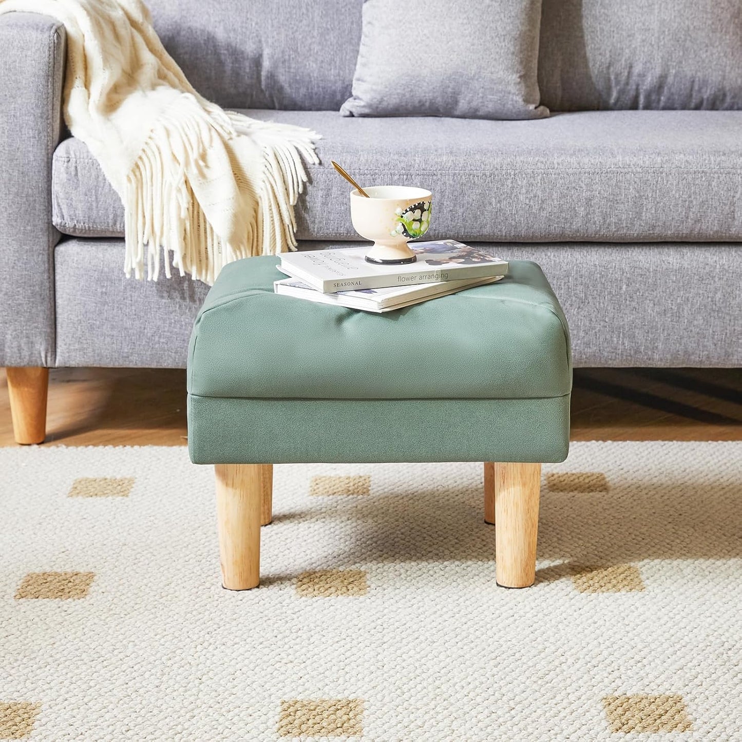 15.75"D 11.42"W12.6"H UHBD040GR YMYNY Small Footstool Ottoman, Faux Leather Footrest with Sponge Padded Seat, Step