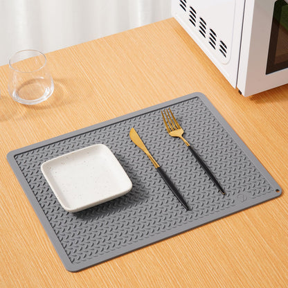 Silicone Drying Mat & Heat Resistant Mat for Kitchen Counter, Non-Slip Dishwasher Safe, Raised Edge for Dishes Bottles Sink (15.35x11.61in, Gery)