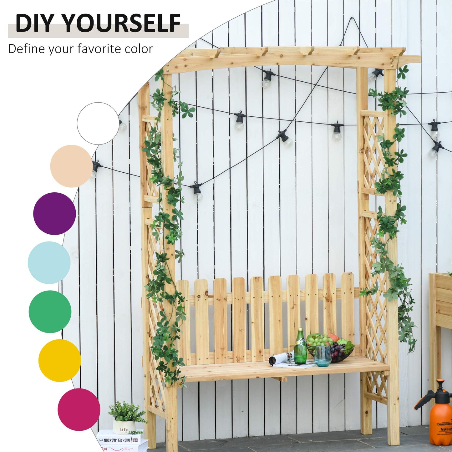 Wooden Garden Arbor for Climbing Plants with Garden Bench, Garden Arch to Grow Grapes & Vines, Patio Decor & 2-Person Outdoor Wood Decorative Seating, Natural