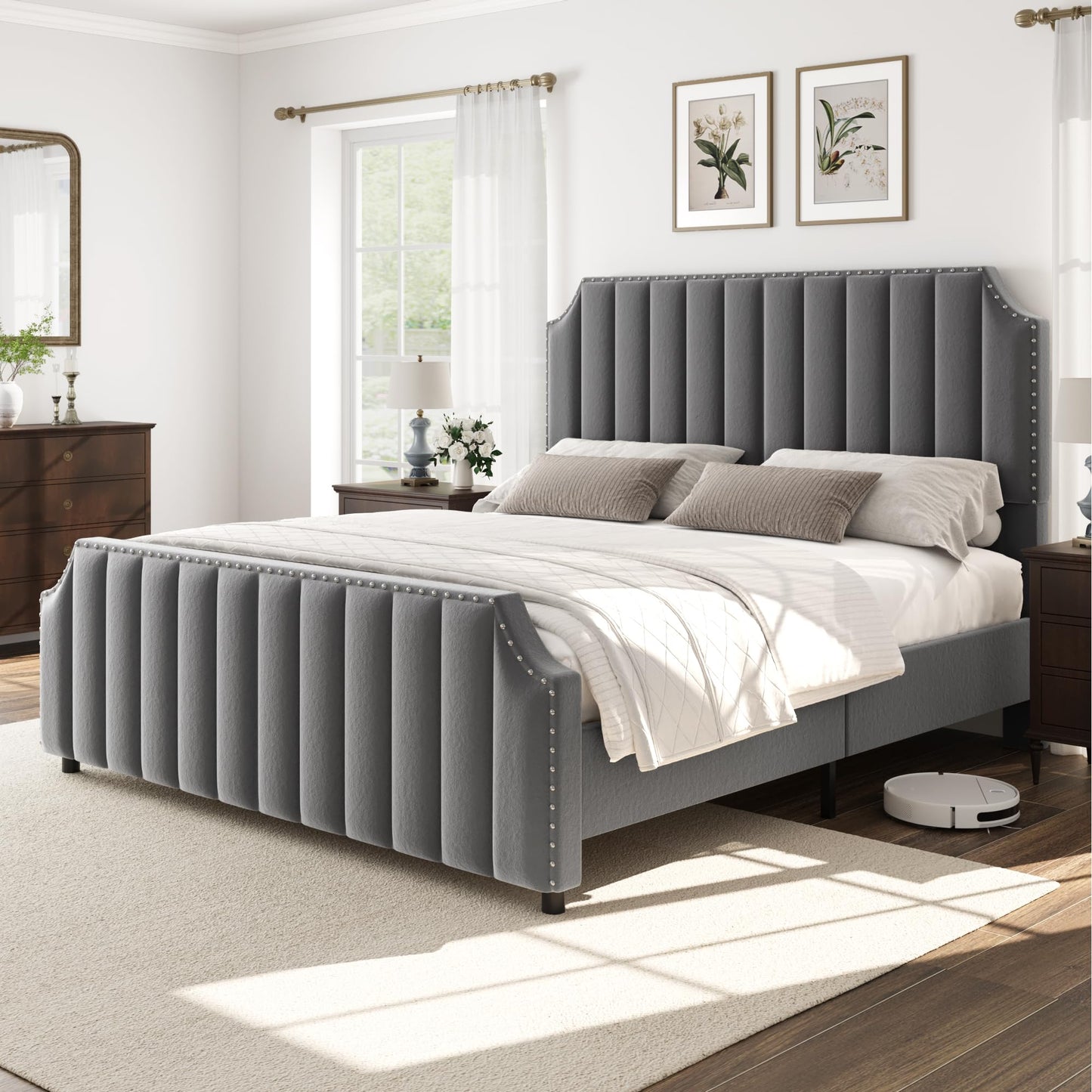 GarveeHome King Size Platform Bed Frame with 50.2 in Headboard, Velvet Upholstered Bed Frame with Vertical Channel Tufted Headboard & Footboard, Nailhead Trim, No Box Spring Needed, Grey