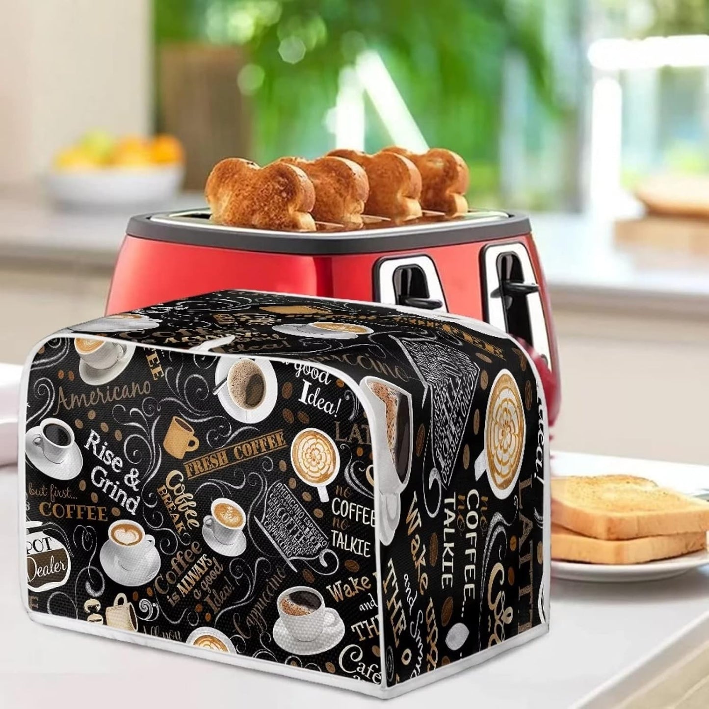 AFPANQZ Coffee Print Kitchen Toaster Covers, Universal 4 Slice Bread Toaster Cover, Stain Resistant Dustproof