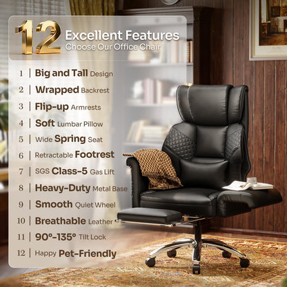 Ergonomic Office Chair with Footrest, Criss Cross Legged Desk Chair with Flip-Up Arm, Wider Thicker Spring Seat, Lumbar Support, Pet-Friendly, Big and Tall High Back Heavy Duty Executive Leather Chair