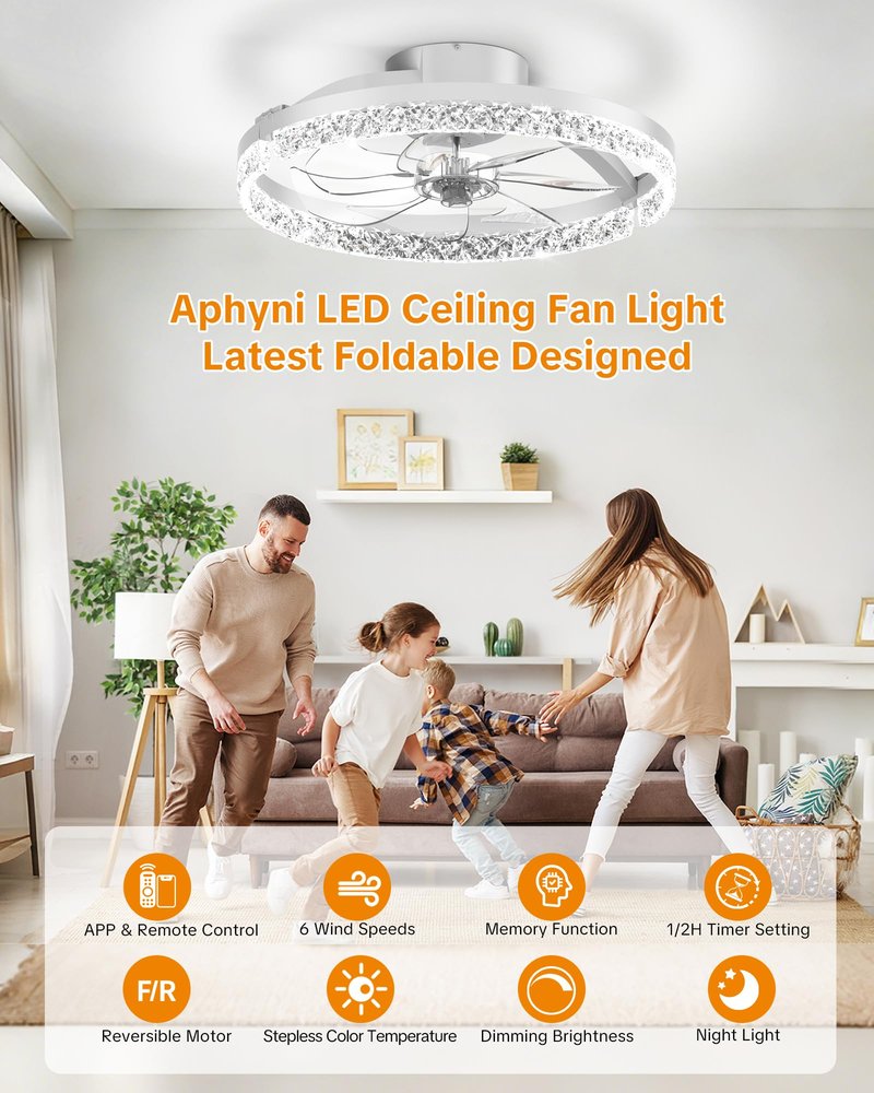 Aphyni Ceiling Fans with Lights and Remote Low Profile Flush Mount LED Ceiling Fan with Lights 3000K-6500K Dimmable Foldable Fandelier Light 6 Wind Speeds Night Light for Bedroom Living Room White