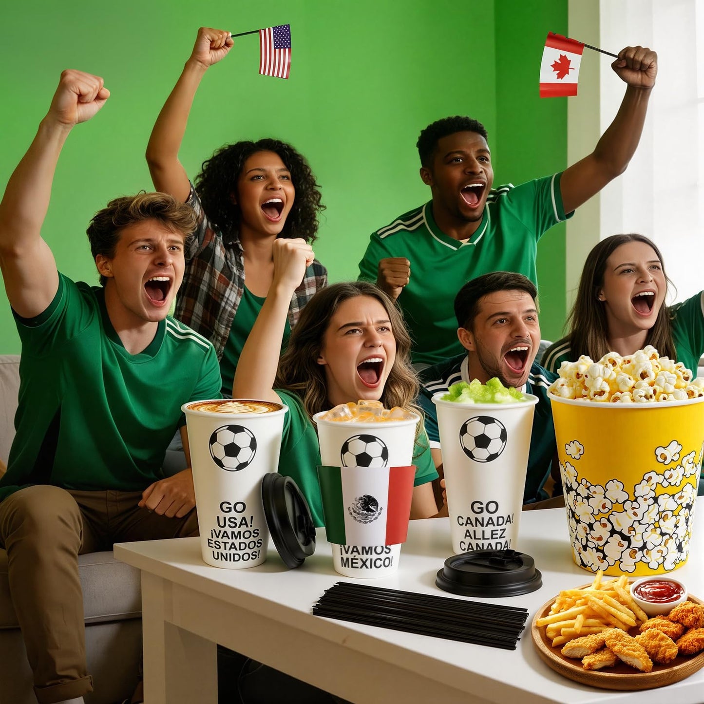 16 oz White Disposable Soccer Party Paper Cups USA (World Host #3) 24 Sets, To-Go Cups with Straws Lids Sleeves for Cold Drink/Hot Beverage, Compostable Water-Based Coating, Soccer Theme Supplies