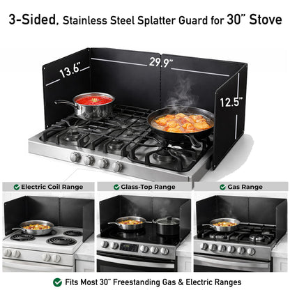 Foldable, Nonstick, Grease Splatter Guard for Stove Top by Baetle– Heavy-Duty Stainless Steel Oil Splash Shield, Premium Black Style, 29.5" Wide Back Panel, 13.6" Deep–with Spoon Rest