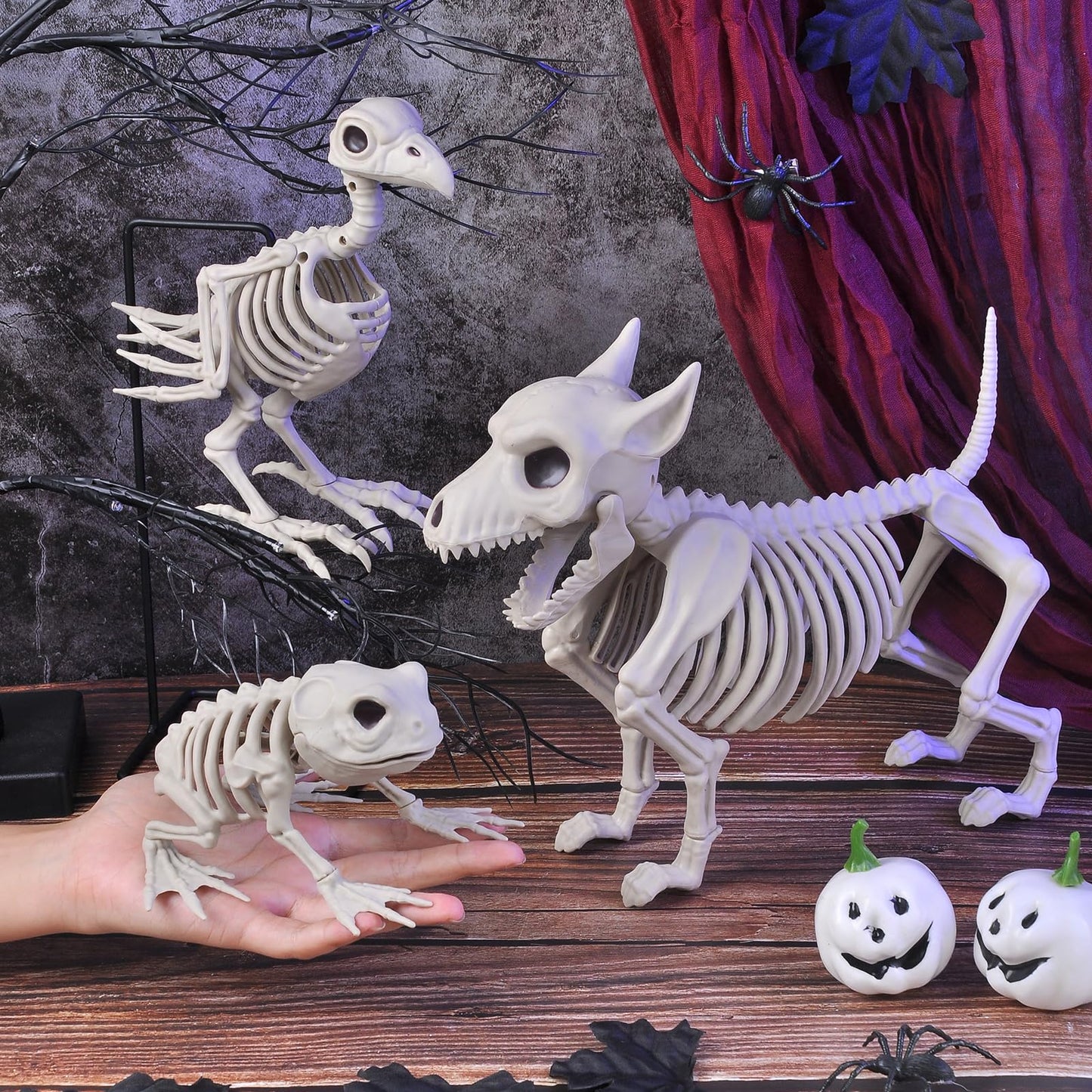 HRONG 3PCS Animal Skeleton Figurines, Plastic Skeletons Dog Crow Frog Ornaments, Halloween Skeleton Decorations for Home Office Desk, Spooky Party Favors & Gifts for Men Women