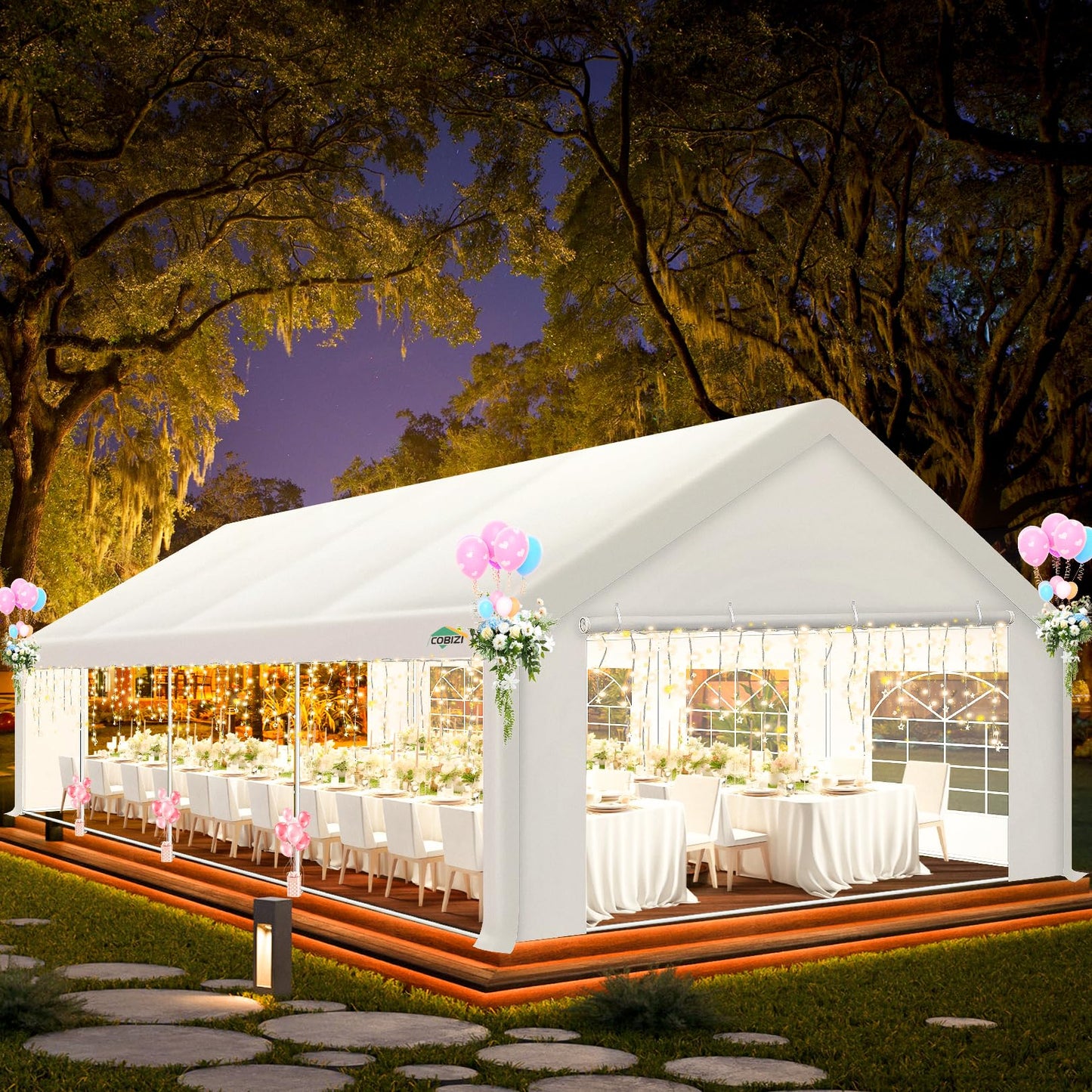 COBIZI 20x30 Party Tent Heavy Duty, Carpas para Fiestas 20x30 with 6 Removable Sidewalls & 4 Built-in Sandbags, Party Tent for Party Outside UV50+ Waterproof, White
