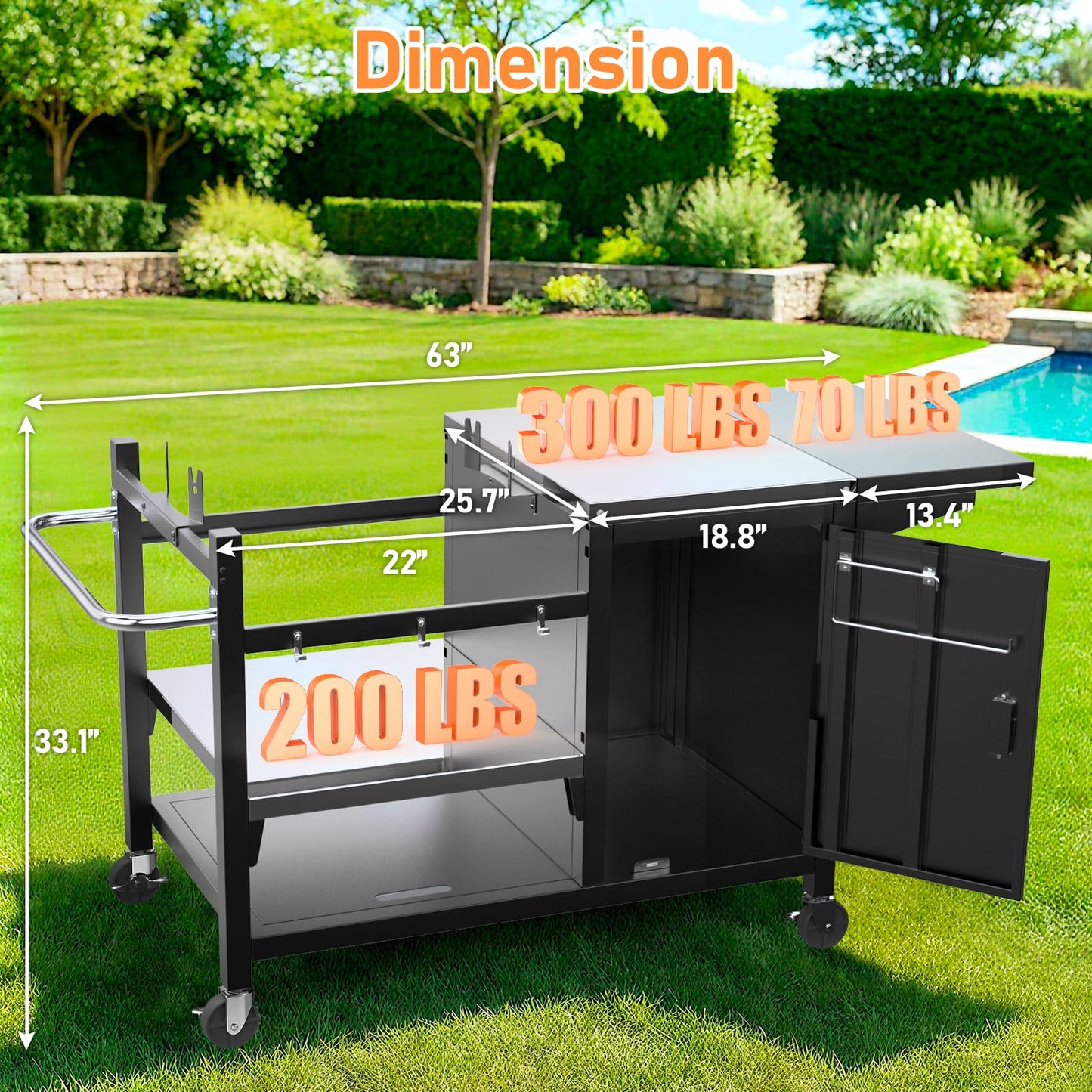 Utheer Grill Table Cart for Weber Kettle 22" Charcoal Grill, Big Green Egg, AKORN Jr – Oversized 47.7"x32.2" Surface (30% Larger) with 3-Level Adjustable Shelf, Storage Cabinet, Hooks & Towel Holder