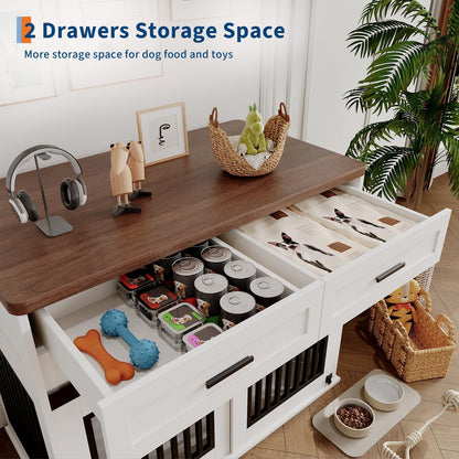 44.5'' Dog Crate Furniture with Hook & Storage Drawers, Wooden Heavy Duty Dog Kennel Indoor with Sliding Barn Doors, Decorative Pet House End Side Table TV Stand for Medium/Small Dogs,White