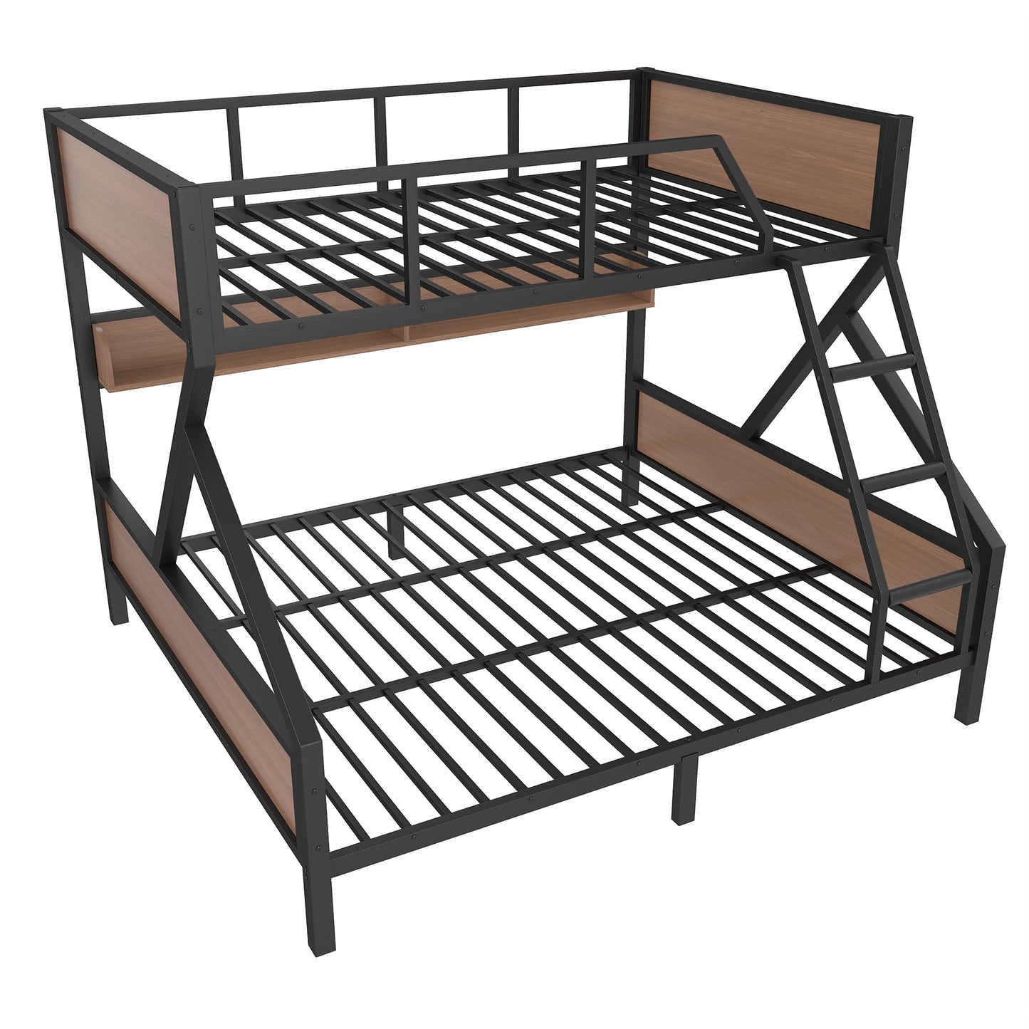 Bellemave Queen Over King Size Bunk Bed with Storage Shelves and LED Lights,Heavy Duty Adult Bunk Beds with Angled Ladder,Metal Queen Bunk Bed,Black