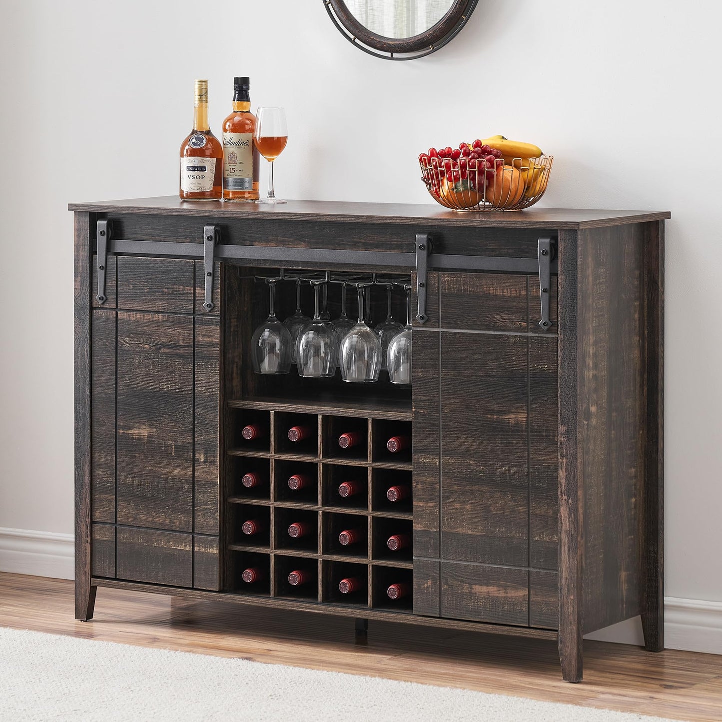 IDEALHOUSE Wine Bar Cabinet,Coffee Bar Cabinet,Farmhouse Liquor Station,Rustic Buffet Sideboard with Sliding Barn Doors,Wine & Glass Racks,Adjustable Shelves,for Living Room,Kitchen,Entryway(Fire)