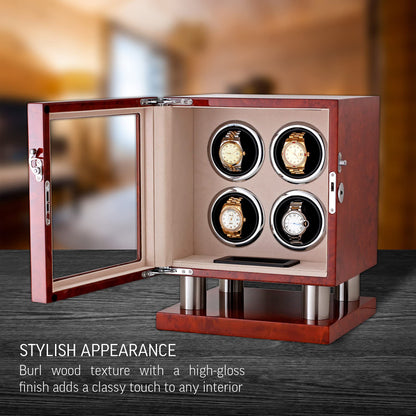 Watch Winder for 4 Watches with LED Backlight, LCD Display and Motor-Stop Option (Dark Burl)