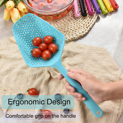 SEIWEI Large Strainer Spoon, Long Handle Tool Colander Draining Scoop, Heat-Resistant Pasta Strainer Cooking Kitchen for Spaghetti, Noodles, Veggies, Non-Slip Grip & Hanging Loop, 13.5'', Green