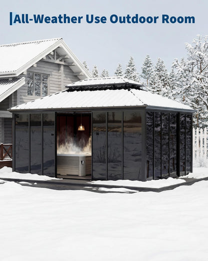 12x16ft Heavy Duty Outdoor Pavilion with Metal Frame, Permanent Solarium Sunroom Kit with PC Windows, Fully Sealed Screen Houses for Backyard, for Patio Winter Garden