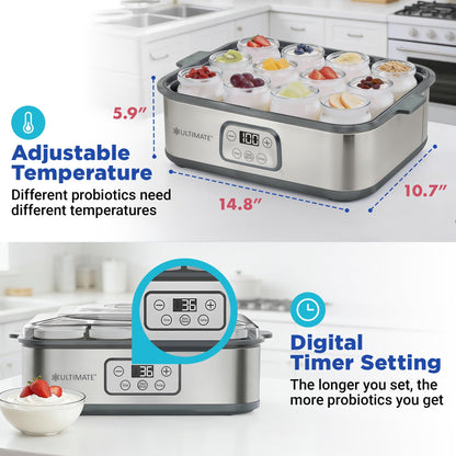 Ultimate Probiotic Yogurt Maker XL, Adjustable Time & Temperature Control, 50% More Capacity with 12 x 6oz Yogurt Jars, Make Trillions of Probiotics for Gut Health, ULTIMATE LIFETIME WARRANTY