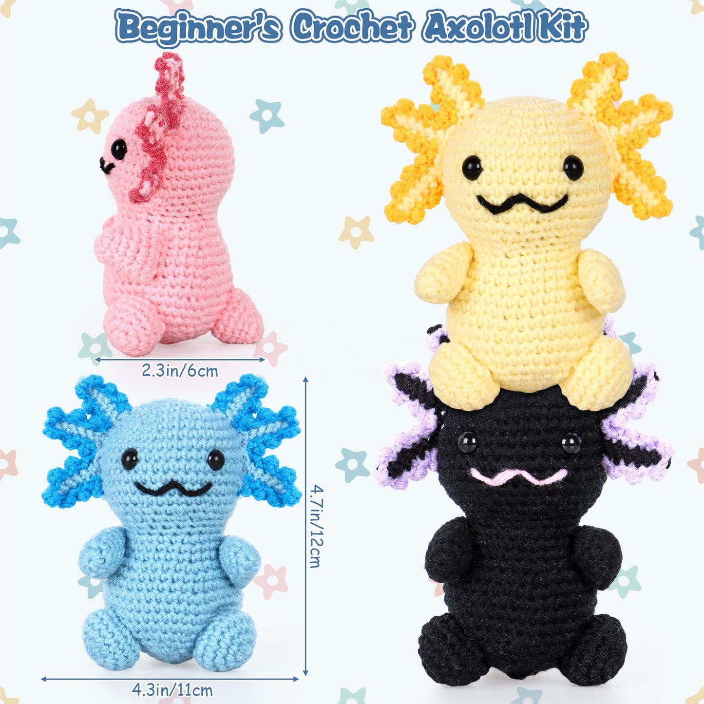 Weldomcor Crochet Kit for Beginners, Amigurumi Crocheting Animals Kits for Adults with Step-by-Step Video Tutorials Knitting Yarn Hooks DIY Crafts Starter Supplies Gifts Set (4 Pcs Mini Axolotls)