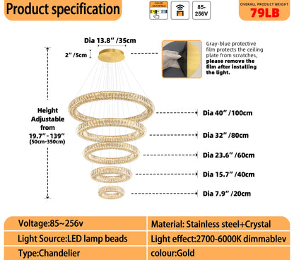 IDEQUY Large Gold Ring Chandelier for High Ceiling Modern Long Crystal Chandelier Lighting, Dimmable LED Ceiling Chandeliers,5 Ring D8‘’+15.7‘’+23.6‘’+31.5‘’+39.4''