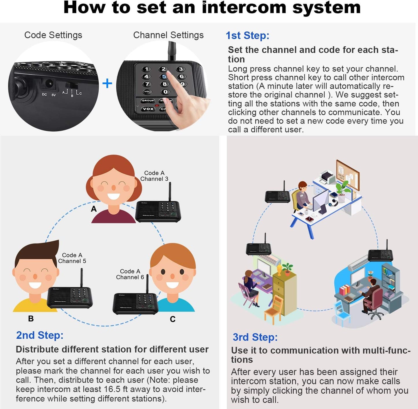 Wuloo Intercoms Wireless for Home 5280 Feet Range 10 Channel 3 Code, Wireless Intercom System for Home House Business Office, Room to Room Intercom, Home Communication System (6 Packs, Black)