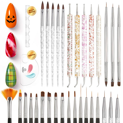 Beetles 31pcs Nail Art Brushes, Dotting Tools, Nail Art Pens, Dust Brush, Striping Liner Fingernail Drawing Pens with Palette Holder All in One for Starter Manicure Design Set